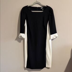 DKNY by Donna Karan Stretch Color Block Ruffle 3/4 Sleeve Sheath Dress